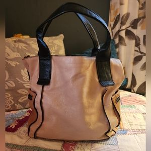 Fossil Emerson Color Block Side Pocket Satchel Tote Purse Leather Tan Black